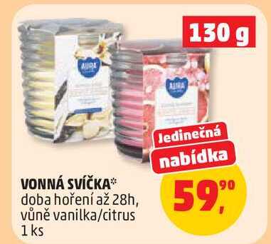 VONNÁ SVÍČKA doba hoření až 28h, vůně vanilka/citrus, 1 ks