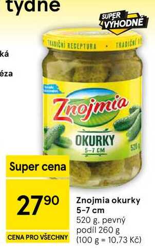 Znojmia okurky 5-7 cm, 520 g. pevný podíl 260 g
