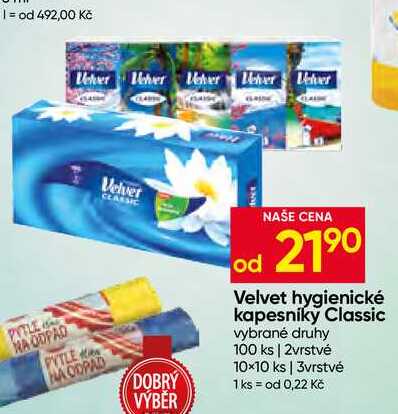 Velvet hygienické kapesníky Classic vybrané druhy 100 ks