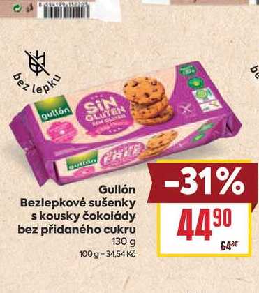 Gullón Bezlepkové sušenky s kousky čokolády bez přidaného cukru 130 g
