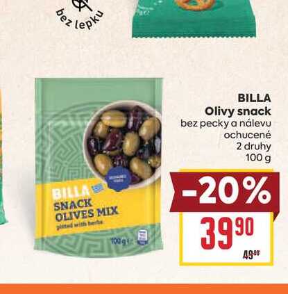 BILLA Olivy snack bez pecky a nálevu ochucené 2 druhy 100 g