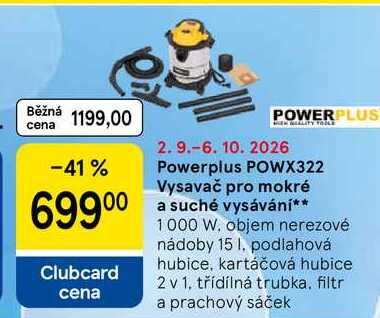 Powerplus POWX322 Vysavač pro mokré a suché vysávání, 1000 W, objem nerezové nádoby 15 I, podlahová hubice, kartáčová hubice 2 v 1. třídílná trubka, filtr a prachový sáček