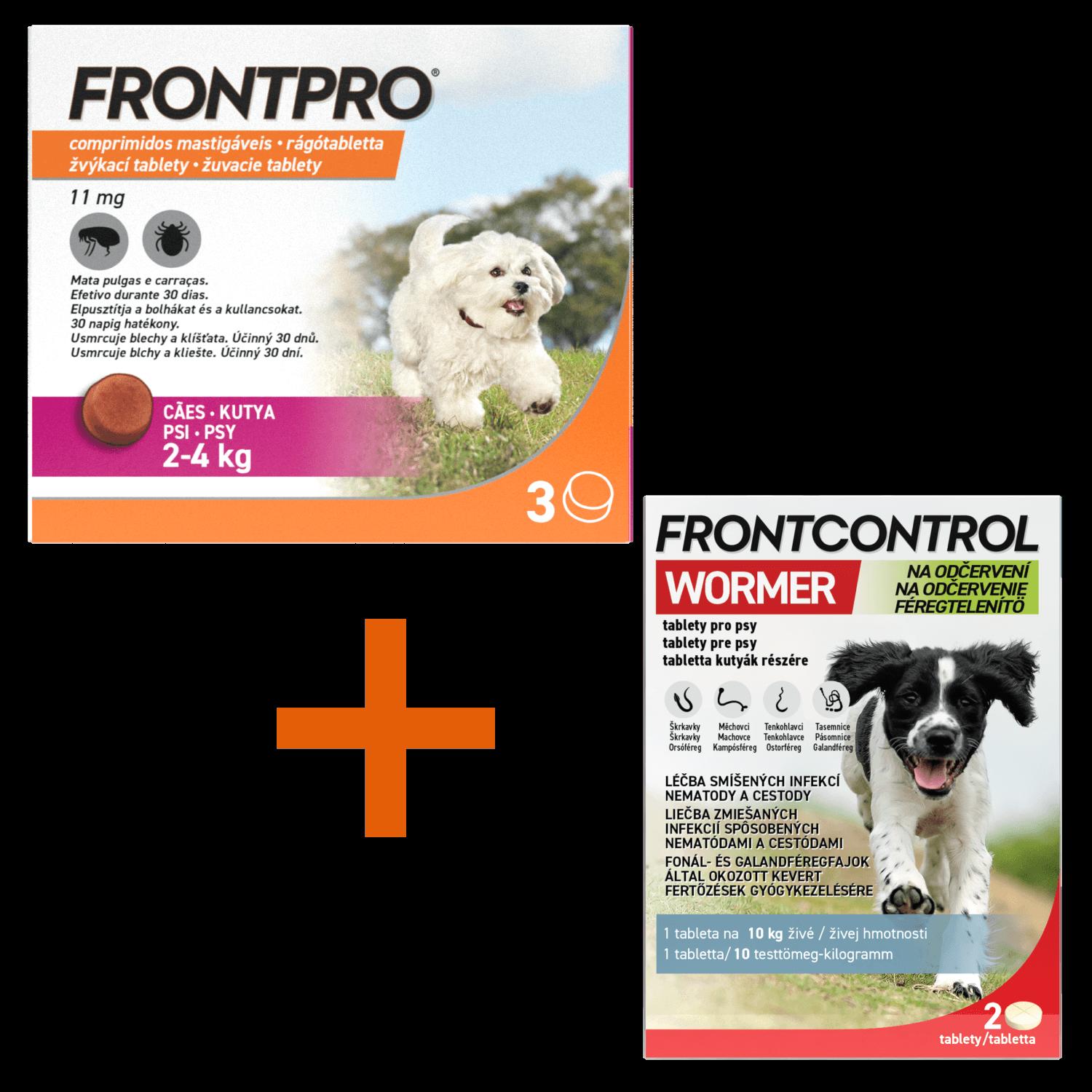 Frontpro 11.3mg 2-4kg 3 žvýkací tablety + Frontcontrol Wormer pro psy 2 tablety