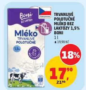 TRVANLIVÉ POLOTUČNÉ MLÉKO BEZ LAKTÓZY 1,5% BONI, 1 l