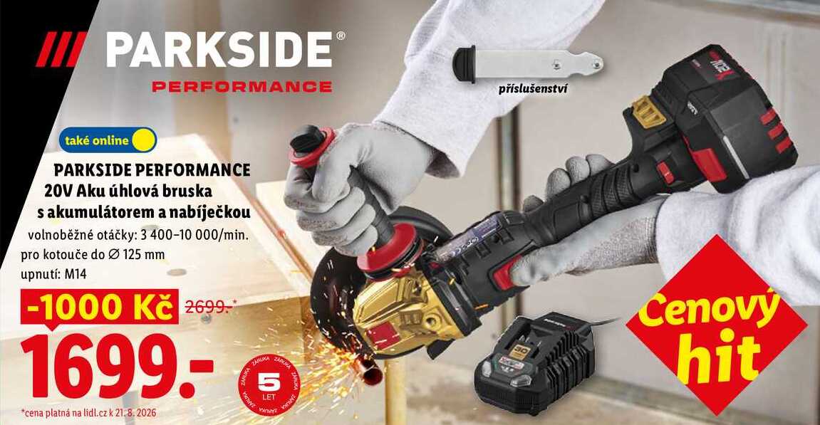 PARKSIDE PERFORMANCE 20V Aku úhlová bruska s akumulátorem a nabíječkou