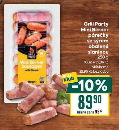 Grill Party Mini Berner párečky se sýrem obalené slaninou 250 g
