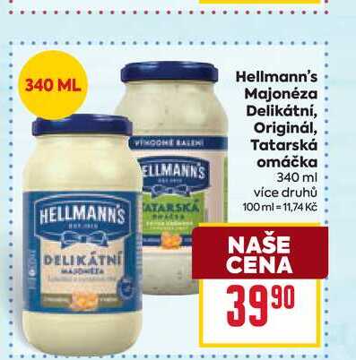 Hellmann's Majonéza Delikátní, Originál, Tatarská omáčka 340 ml
