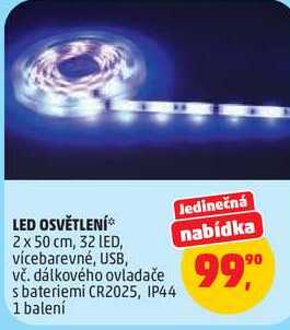 LED OSVĚTLENÍ, 2 x 50 cm, 32 LED, vícebarevné, USB, vč. dálkového ovladače s bateriemi CR2025, IP44, 1 balení