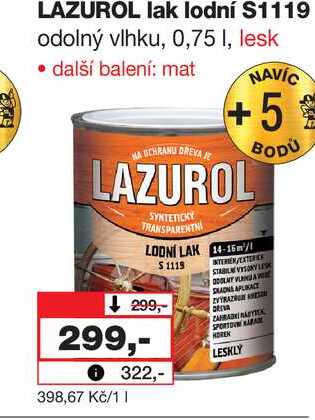 LAZUROL lak lodní S1119 odolný vlhku, 0,75 I, lesk