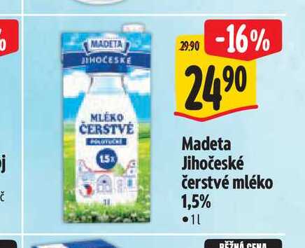   Madeta Jihočeské čerstvé mléko 1,5% 1 l