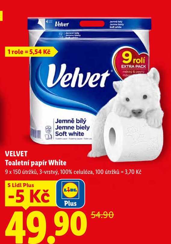 VELVET Toaletní papír White, 9 x 150 útržků, 3-vrstvý