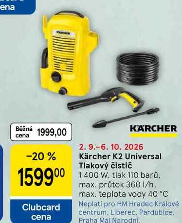 Kärcher K2 Universal Tlakový čistič, 1 400 W, tlak 110 barů, max. průtok 360 l/h. max. teplota vody 40 °C 