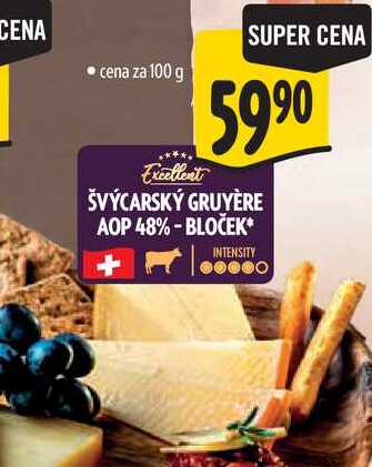ŠVÝCARSKÝ GRUYÈRE AOP 48%-BLOČEK, cena za 100 g