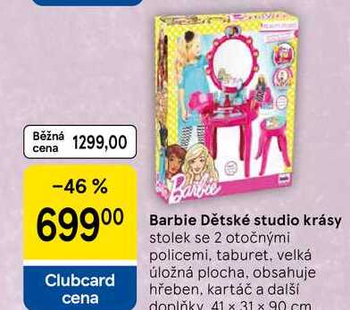 Barbie Dětské studio krásy, stolek se 2 otočnými policemi, taburet, velká úložná plocha, obsahuje hřeben, kartáč a další doplňky 41 x 31 x 90 cm