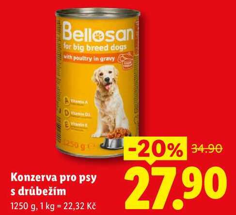 Konzerva pro psy s drůbežím, 1250 g