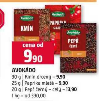 AVOKÁDO 30 g Kmin drcený 25 g Paprika mletá 20 g Pepř černý 