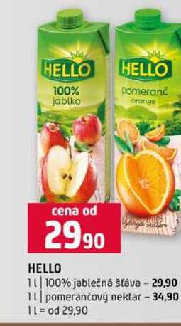 HELLO 1l 100% jablečná šťáva 1l pomerančový nektar