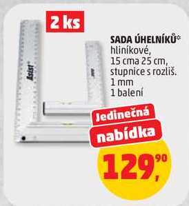 SADA ÚHELNÍKŮ hliníkové, 15 cma 25 cm, stupnice s rozliš. 1 mm, 1 balení
