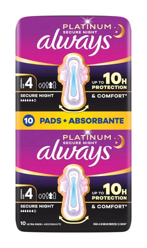 Always Hygienické vložky Platinum Secure Night s křidélky vel. 4, 10 ks