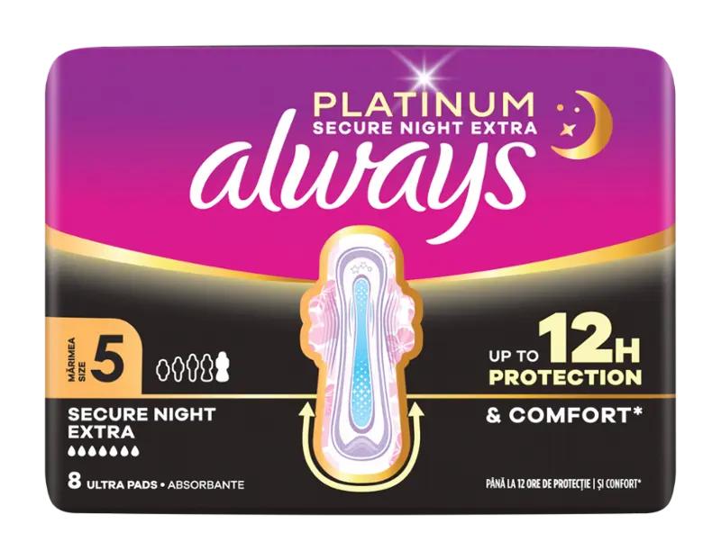 Always Hygienické vložky Platinum Secure Night Extra s křidélky vel .5, 8 ks
