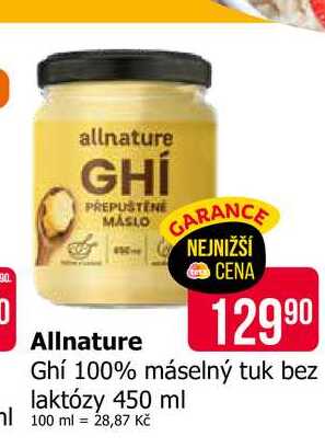 Allnature Ghí 100% máselný tuk bez laktózy 450 ml 