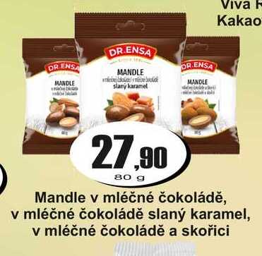 Mandle v mléčné čokoládě, v mléčné čokoládě slaný karamel, v mléčné čokoládě a skořici 80 g