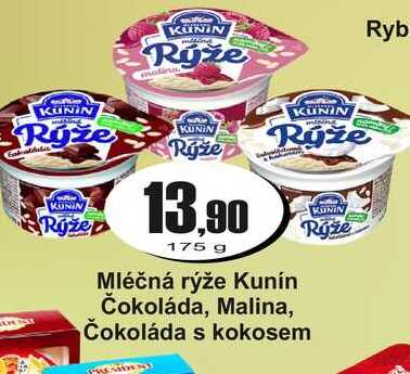 Mléčná rýže Kunín Čokoláda, Malina, Čokoláda s kokosem 175 g
