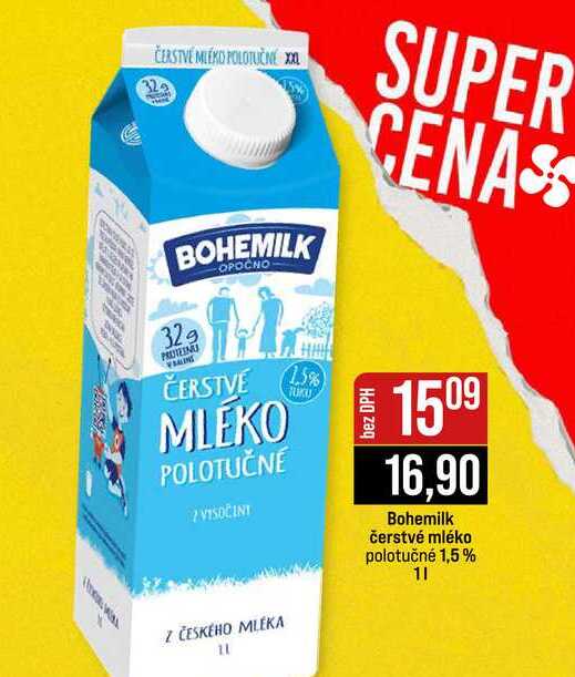 Bohemilk čerstvé mléko polotučné 1,5% 1l