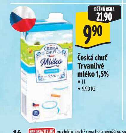 Česká chuť Trvanlivé mléko 1,5% 1 l