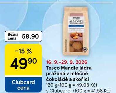 Tesco Mandle jádra pražená v mléčné čokoládě a skořici, 120 g