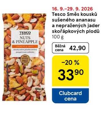 Tesco Směs kousků sušeného ananasu a nepražených jader skořápkových plodů, 100 g