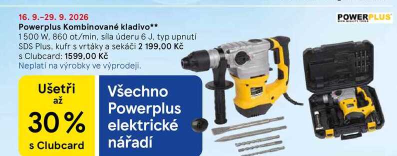 Powerplus Kombinované kladivo, 1500 W, 860 ot/min, síla úderu 6 J, typ upnutí SDS Plus, kufr s vrtáky a sekáči  