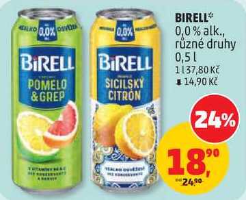 BIRELL 0,0 % alk., různé druhy, 0,5 l