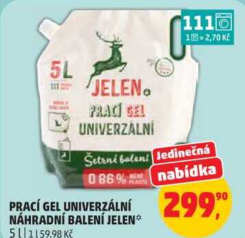 PRACÍ GEL UNIVERZÁLNÍ NÁHRADNÍ BALENÍ JELEN, 5 l