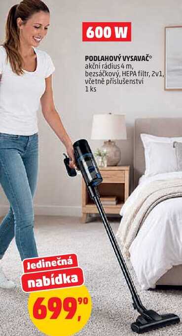 PODLAHOVÝ VYSAVAČ akční rádius 4 m, bezsáčkový, HEPA filtr, 2v1, včetně příslušenství, 1 ks