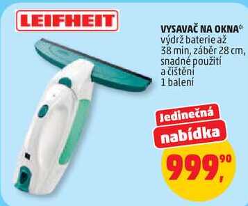 LEIFHEIT VYSAVAČ NA OKNA výdrž baterie až 38 min, záběr 28 cm, snadné použití a čištění, 1 balení