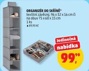 ORGANIZÉR DO SKŘÍNĚ textilní závěsný, 96 x 32 x 16 cm či na obuv 75 x 60 x 15 cm, 1 ks