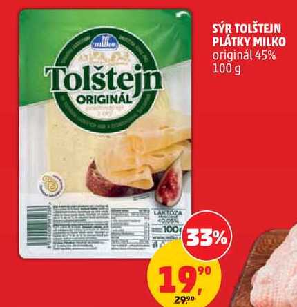 SÝR TOLŠTEJN PLÁTKY MILKO originál 45%, 100 g  