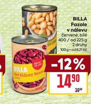 BILLA Fazole v nálevu červené, bílé 400/ od 225 g