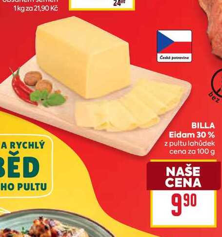 BILLA Eidam 30% z pultu lahůdek cena za 100 g