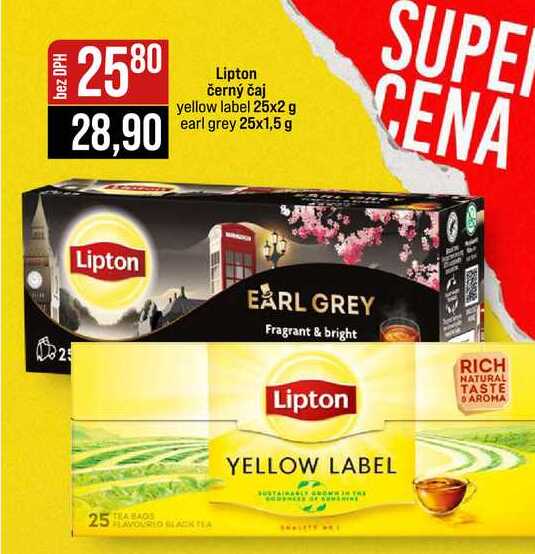 Lipton černý čaj yellow label 25x2 g earl grey 25x1,5 g