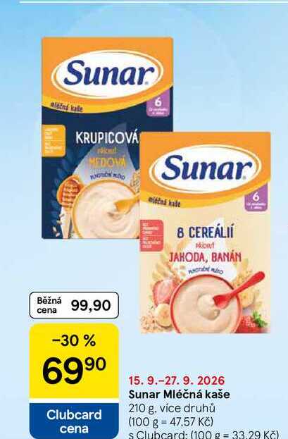 Sunar Mléčná kaše, 210 g, více druhů