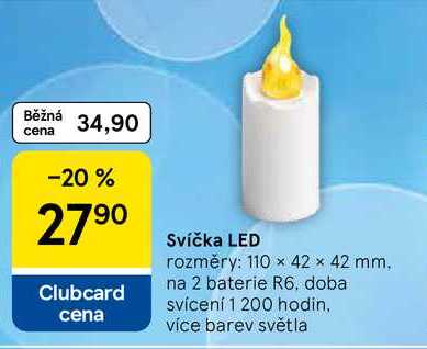 Svíčka LED rozměry: 110 x 42 × 42 mm, na 2 baterie R6, doba: svícení 1 200 hodin. více barev světla