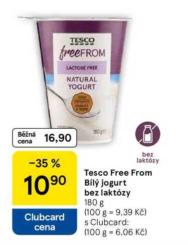 Tesco Free From Bily jogurt bez laktózy, 180 g