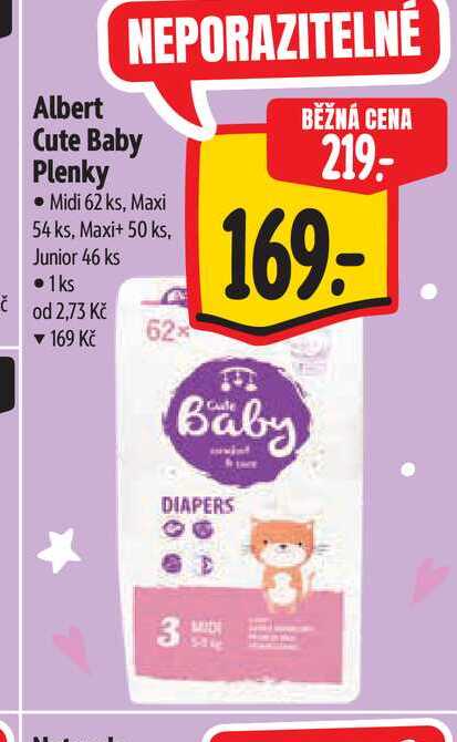   Albert Cute Baby Plenky Midi 62 ks, Maxi 54 ks, Maxi+ 50 ks, Junior 46 ks  