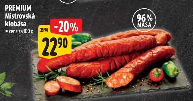 PREMIUM Mistrovská klobása, cena za 100 g