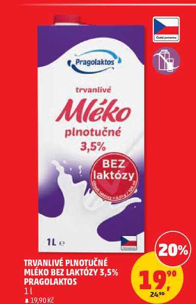 TRVANLIVÉ PLNOTUČNÉ MLÉKO BEZ LAKTÓZY 3,5% PRAGOLAKTOS, 1 l