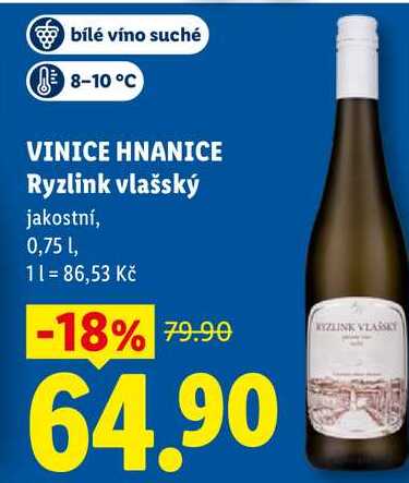 VINICE HNANICE Ryzlink vlašský, jakostní, 0,75 l
