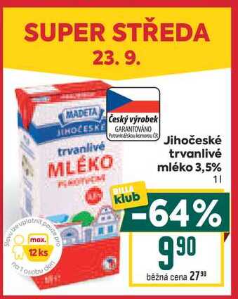 Jihočeské trvanlivé mléko 3,5% 1l