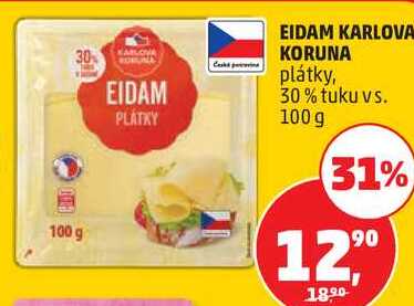EIDAM KARLOVA KORUNA plátky, 30% tuku vs., 100 g